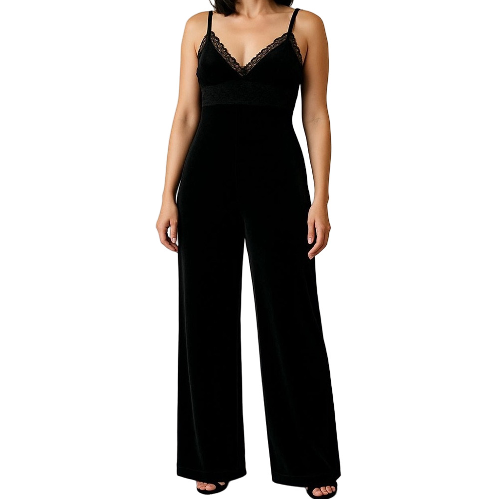 Betsey Johnson Black Velvet Lace Trim Jumpsuit Vintage Velour One Piece Pants